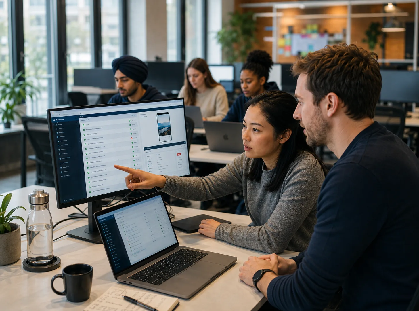 Two colleagues reviewing software and test results together on a laptop