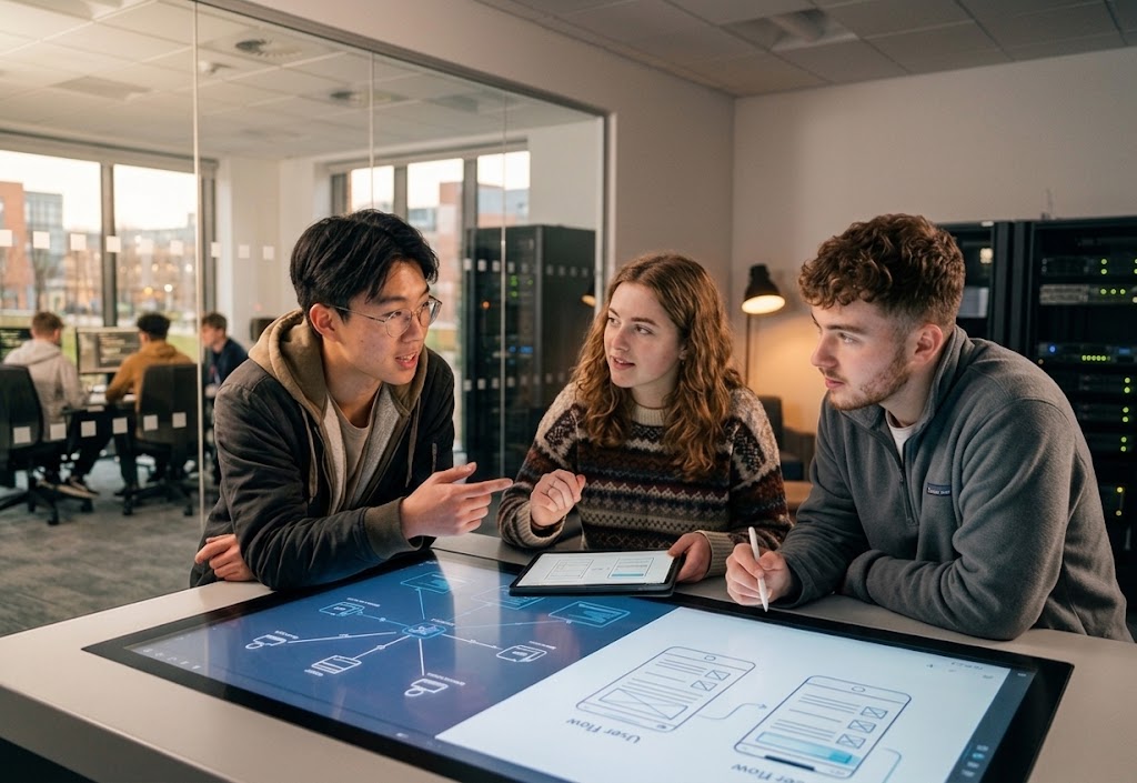 A group of students discussing user flows in software testing